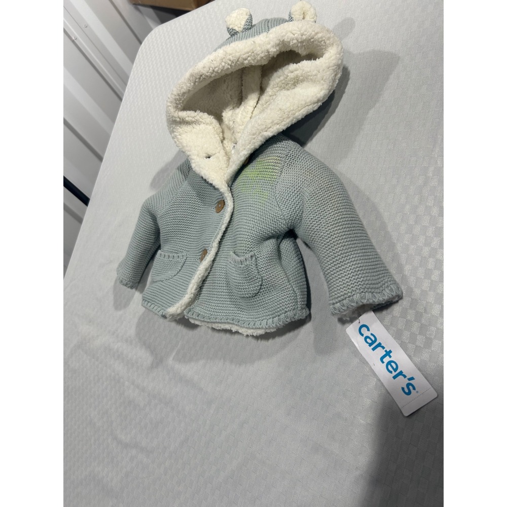 Carters Baby Boy Blue Sherpa Lined Knit Hooded Cardigan Sweater‎ Bear Ears 3M